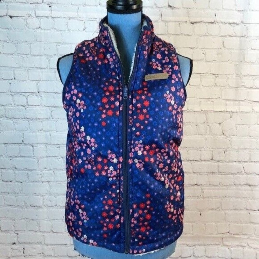 Buffalo David Bitton Reversible Vest Blue w/ Pink Floral Pattern & Faux Fur Larg